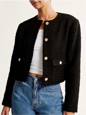 Abercrombie & Fitch Black Bouclé Cropped Blazer with Gold Buttons